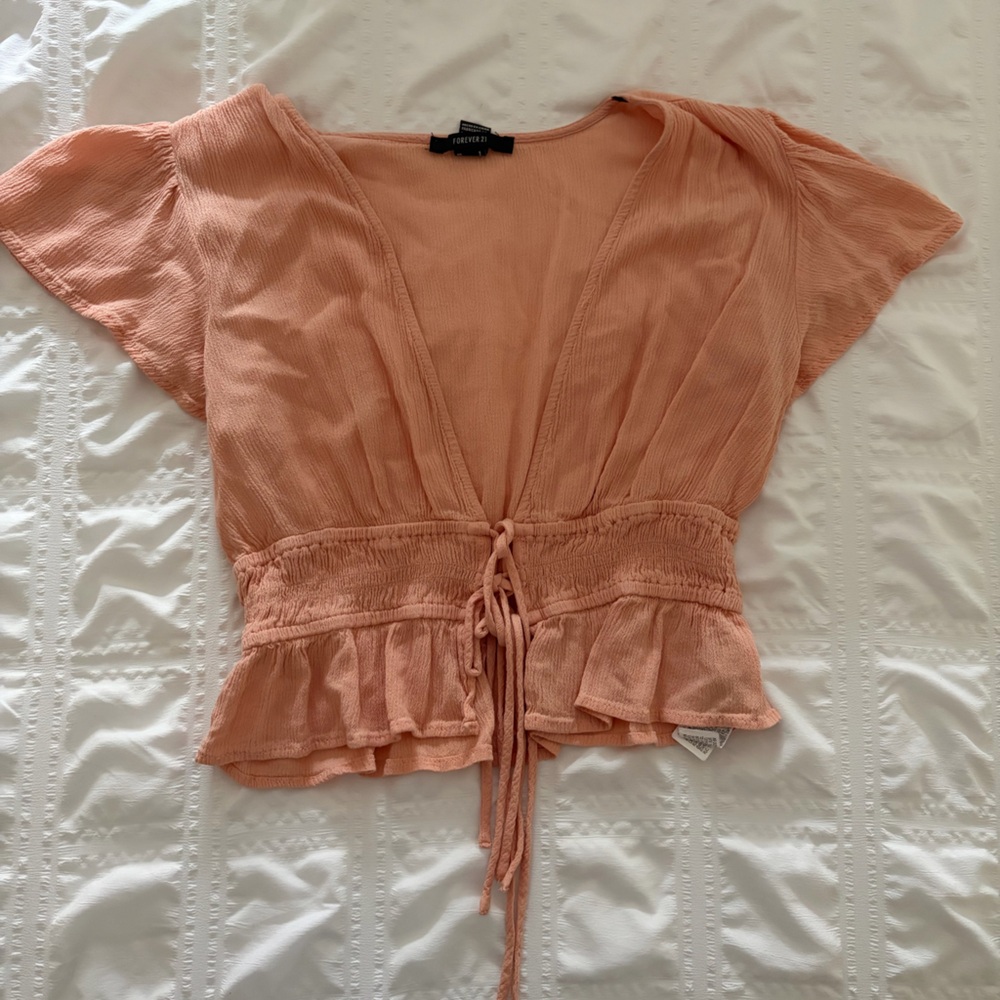 Forever 21 Peach Tie-Front Ruffle Blouse